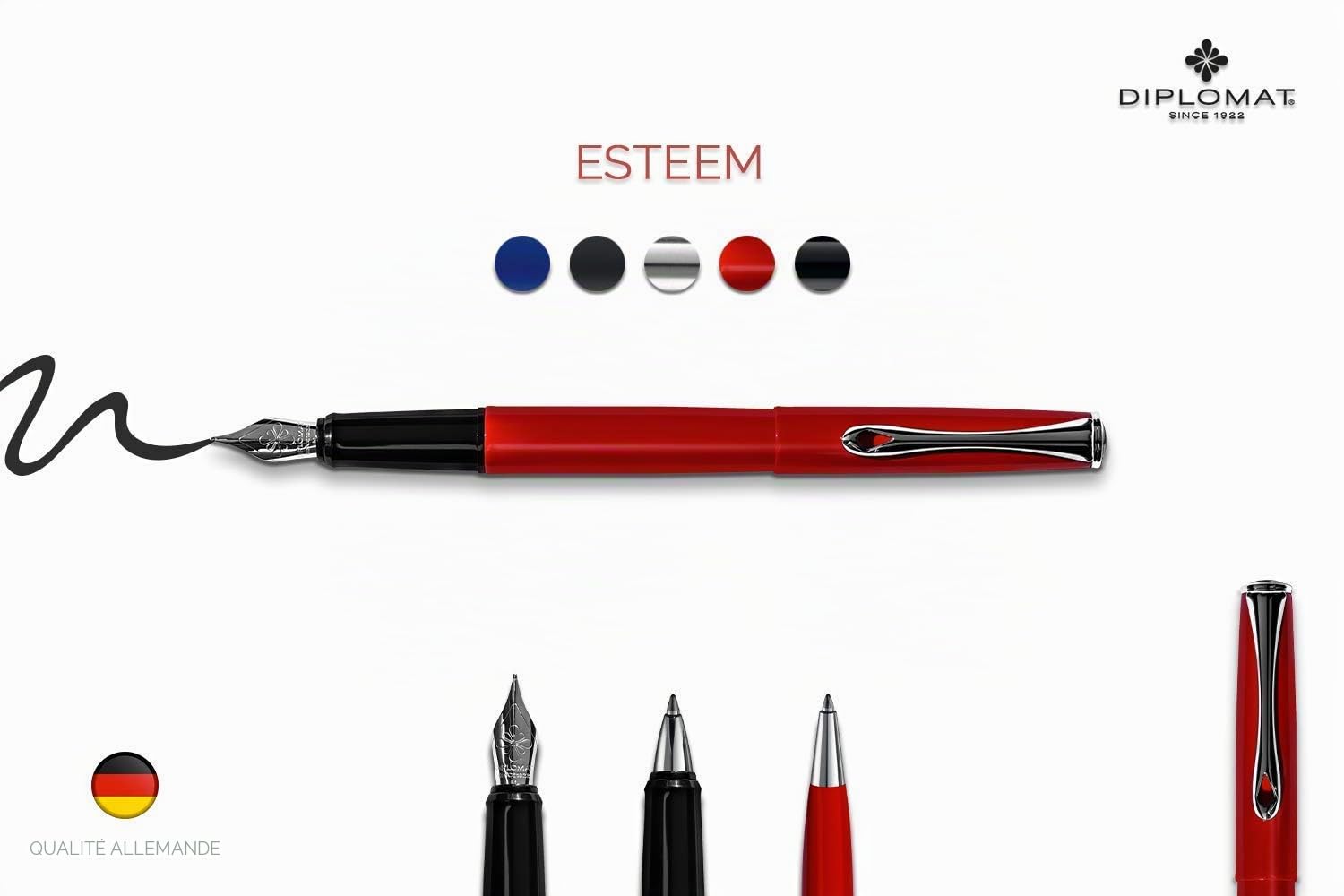 DIPLOMAT - Stylo Bille Esteem - Rouge Laqué Sobre & Rafiiné - Résistant et Confortable - Allure Élégante - Idéale pour Longue Utilisation - Savoir Faire Traditionnel - Garantie 5 Ans - D40601040