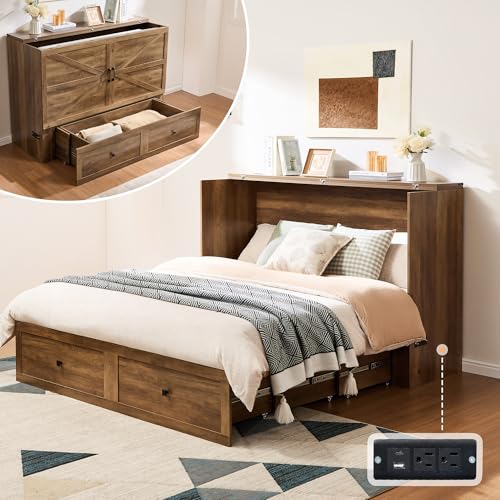 Image of AMERLIFE Full Murphy Bed Cabinet with Charging Station and Storage, Farmhouse Foldable Platform Bed for Guest Room, Office, Small Spaces, Barnwood
