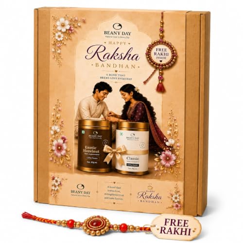 Image of Beany Day Raksha Bandhan Coffee Gift Hamper | Classic & Exotic Hazelnut Instant Coffee (80g Each) | Premium Rakhi Gift Set for Brother Sister | Ready to Gift Coffee Combo with Free Rakhi