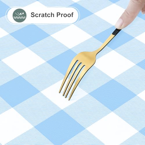 Image of misaya Square Waterproof Vinyl Table Cloth, Buffalo Flannel Backed Tablecloth, Wipeable Plastic Table Cover for Dinner, Kitchen, Outdoor (54 inch x 54 inch, Baby Blue and White)