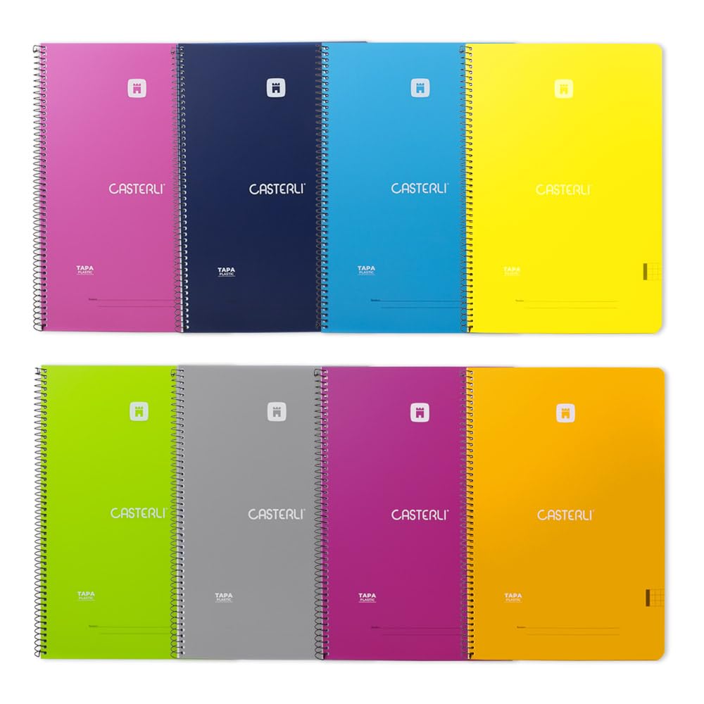 Casterli Cuaderno A4 con Espiral, Tapa Plástica Translúcido, Papel 90g Cuadriculado – Resistente y Profesional (8, Surt-2)