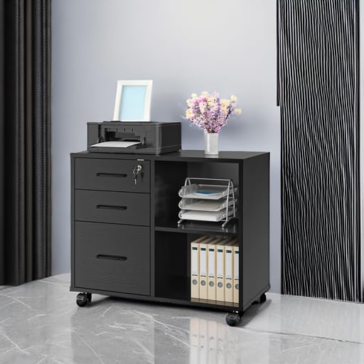 Panana 3 Drawer Office File Cabinets Mobile Lateral Printer Stand with Open Storage Shelf Rolling Filing Cabinet with — view 6