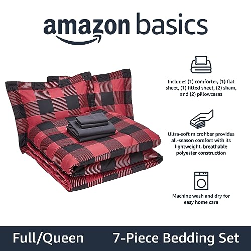 Image of Amazon Basics Full /Queen Comforter Set with Sheets, 5-Piece Red Buffalo Plaid Bedding, Lightweight Microfiber Bed-in-a-Bag