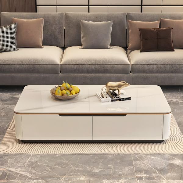 WOODEN SPACE Jaguar Modern Marble Top Coffee Table with Storage | 47.24 Inch Rectangular Centre Table for Living Room | High Gloss Finish (White)