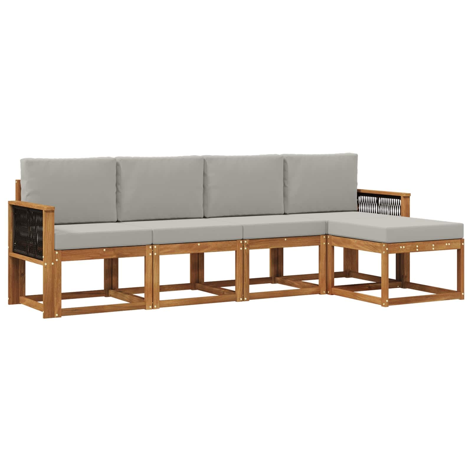 Salon de Jardin Modulable en Bois d'Acacia Massif, Ensemble Canapé d'Extérieur 5 Places avec Coussins Gris Clair, Mobilier pour Terrasse, Balcon et Jardin, 249x122,5x73 cm