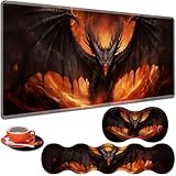 ZHUHEHEAH 大型ゲーミングテーブルパッド 31.5インチ x 11.8インチ + キーボードリストパッド + マウスリストパッド + コースター ノンスリップベース 4イン1セット、人間工学に基づいたメモリーフォーム、タイピングの痛みの緩和、ロックウィング ブラックドラゴンファイア