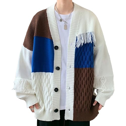 Men's Color Block V Neck Sweater Cardigan Kintted Casual Sweater Relaxed Fit Long Sleeve Sweaters