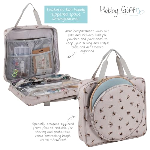 Image of Hobby Gift Craft Bag with Embroidery Hoop Storage - Sewing and Embroidery Project Bag with Zipper Compartments, Storage for Hoops, Threads and Accessories