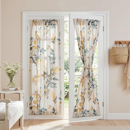 Image of MYSKY HOME Floral Linen French Door Curtains 72 inch Long 2 Panels for Front Door Light Filtering Privacy Semi Sheer Window Curtains with Rod Pocket, Yellow and Blue, 24 inch W Each Panel