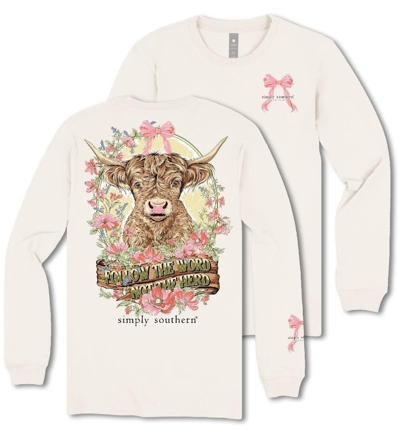 Image of Simply Southern Follow The Word, Not The Herd - Highlander - Cow - Floral - Bow - Adult Long Sleeve