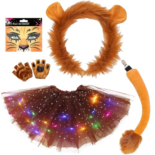 TaimeiMao Disfraz de león de 5 piezas para niños, juego de accesorios con diadema, pegatinas faciales, guantes, cola y falda LED para carnaval, Halloween, fiestas temáticas y regalo
