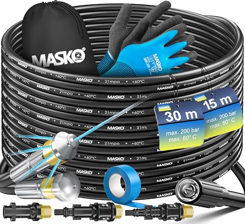MASKO® Débouche canalisation premium Kit de débouchage 200 bars, sac 3 adaptateurs 2 buses +...