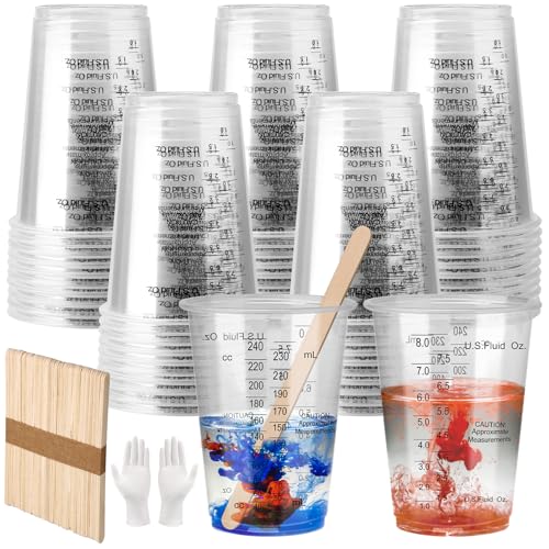 Mischbecher Epoxidharz, 50 Stück 8 oz / 240 ml Einweg Lackmischbecher mit Skala, Transparente Farbmischbecher mit 50 Mischstäbchen, Epoxidharz Zubehör Becher zum Mischen von Harz Farbe Lack Pigment