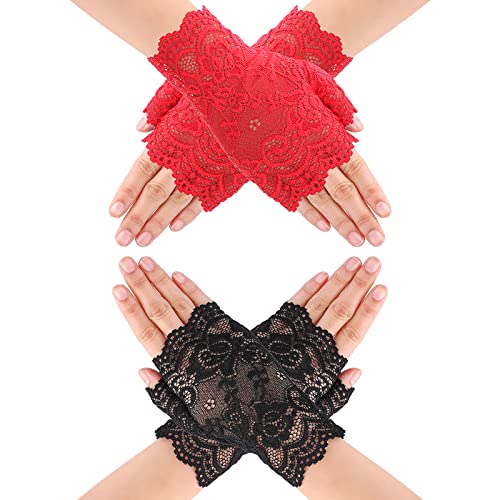 Yolev 2 Paar Damen Spitzenhandschuhe Schwarz Rot Fingerlose Handschuhe Kurz Geschnittene Fingerlose Gloves Damen Mädchen halloween Hochzeit Party Tea...