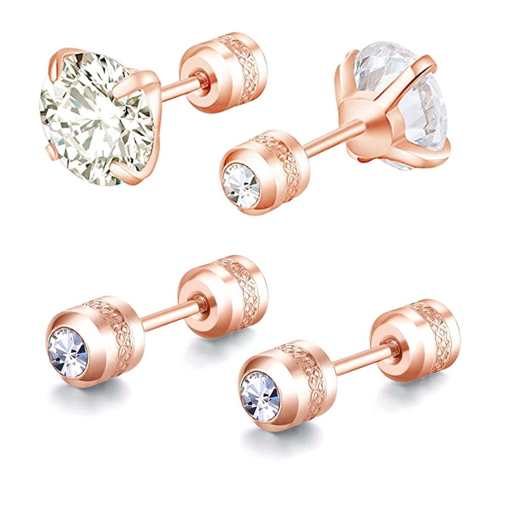 Hopply2 Pairs Stud Earrings Set,Hypoallergenic Cubic Zirconia 316L Stainless Steel CZ Screw back Double Sided Earrings for Men,Women,Boys & Girls