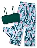 Green Hawaiian Bikini Swimwear for Girls 6 8 Year Old Pink Flower Swimsuits Size 9 Kids Quick Dry High Waist Bathing Suits with Mesh Pants Little Girl's 3 Pieces Rash Guard Sunsuits Vacation Party