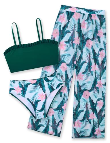 Green Hawaiian Bikini Swimwear for Girls 6 8 Year Old Pink Flower Swimsuits Size 9 Kids Quick Dry High Waist Bathing Suits with Mesh Pants Little Girl's 3 Pieces Rash Guard Sunsuits Vacation Party