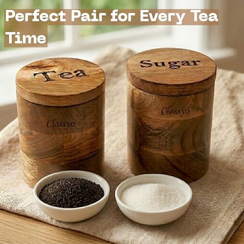 Image of Classyo Wooden Tea and Sugar Container Set of 2 with Spoons | Airtight Sugar Tea Container Set | Wooden Kitchen Storage Box with Magnetic Lid (Set of 2)
