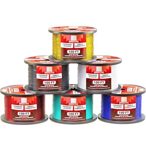 20 Gauge Wire Combo 6 Pack (600ft Total) 100ft Per Roll 12V Low Voltage Automotive and Electrical Cable Copper Clad Aluminum (CCA)