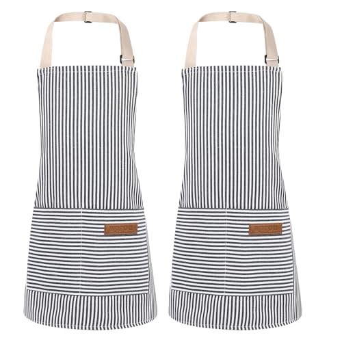 ViEinkaufen 2 Pack Striped Kids Chef Apron Adjustable with Pockets M Blue