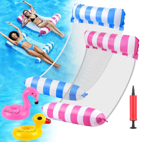Paquete de 2 inflables de alberca con red Lilo con 1 bomba y 2 soportes para bebidas, hamaca 4 en 1, juguetes de agua para adultos, tumbona relajante de malla fresca, colchón de asiento para playa