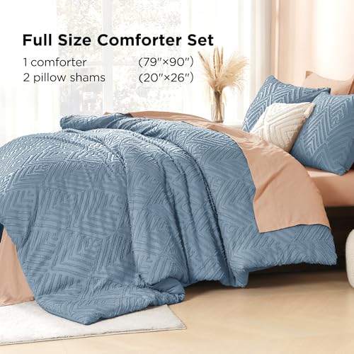 Image of Litanika Grayish Blue Full Comforter Set, 3 Pieces Tufted Boho Farmhouse Bedding Comforter Sets, Lightweight Fluffy Comforter Bed Set for All Season (79x90In Comforter and 2 Pillowcases)