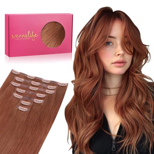 WENNALIFE Seamless Clip In Hair Extensions Human Hair, 16 Inch 130g 7pcs Cinnamon Copper Real Hair Extensions Clip in Human Hair Invisible PU Skin Weft Natural Remy Human Hair Extensions