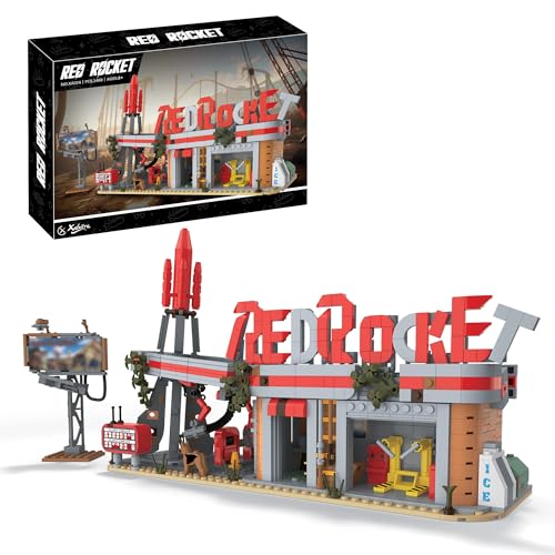 Xalvitra Red Rocket Gas Station Building Blocks Toys, Wasteland Truck Stop Classic Game Merch Creative Action Figures Merchandise, Collectible Present for Fans Friends Kids