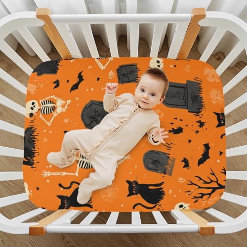 Image of Crib Sheet Breathable Soft Crib Mattress Sheet for Baby Toddler Boys Girls Fitted Crib Sheet Fit Standard Crib Mattress 52 x 28 Inch Halloween Orange Skeletons Cat Bats Tombstones Trees