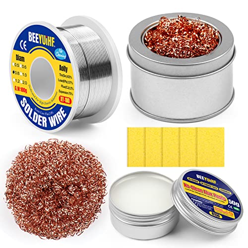 BEEYUIHF Rosin Core + Soldering Paste Flux (1.76oz/50g) + Soldering Iron Tip Cleaners + Soldering Cleaning Sponge, Soldering Tip Kit