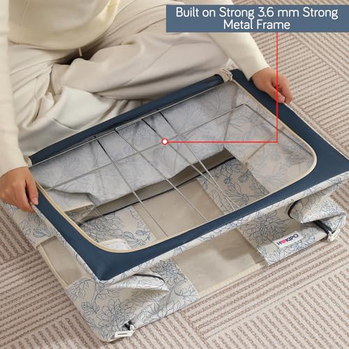 Image of HOKIPO 44L(M) Clothes Storage Box, 600D Oxford Fabric Organiser for Wardrobe, Blue Blossom Pack of 2 (AR-6485-BLU*2)