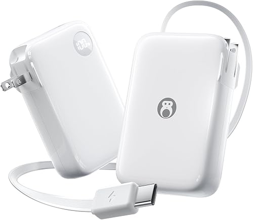 HOU Banco de energía con cable USB-C retráctil integrado, carga rápida PD de 35 W de 10000 mAh y enchufe plegable, mini cargador portátil 3 en 1