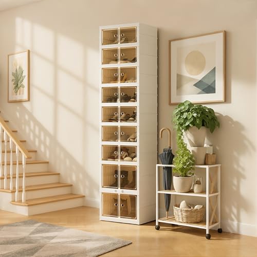Image of Foldable Shoe Organizer Storage Box, Portable Extra Large Folding Shoe Rack for Closet, Shoe Storage Box with Magnetic Transparent Door and Wheels, 9 Layers 18 Grids with 4 Big Grids