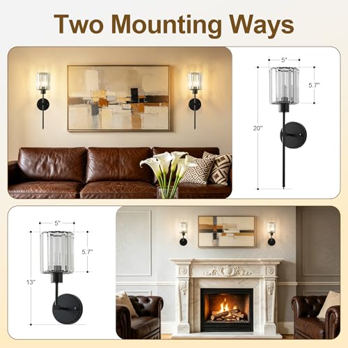 Image of KARTOOSH Hardwired Crystal Wall Sconces Set of 2 | 20.1 Inch Black Wall Lights Dimmable 3000K Warm White Wall Lamps for Hallway, Bathroom, Living Room, Bedroom