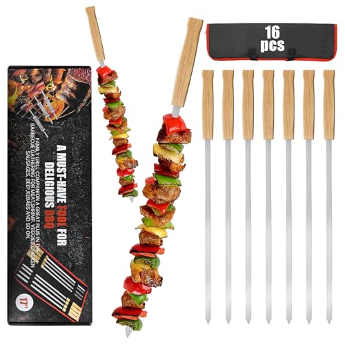 SHIKORI Kabob Skewers,BBQ Barbecue Skewers,Stainless Steel Sticks,17 Inch Heavy Duty Large Wide Reusable,with Nonslip Wooden (17 inch-16 Pcs) by SHIKORI - Used condition - CA$30.73