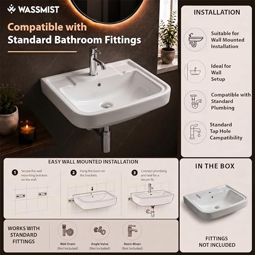 Image of WASSMIST Wash Basin | Wall Hung Wash Basin for Bathroom with 10 Year Glaze Warranty | Premium Ceramic Compact Basin with Tap Hole (15.7 X 14 X 6.1 Inch)
