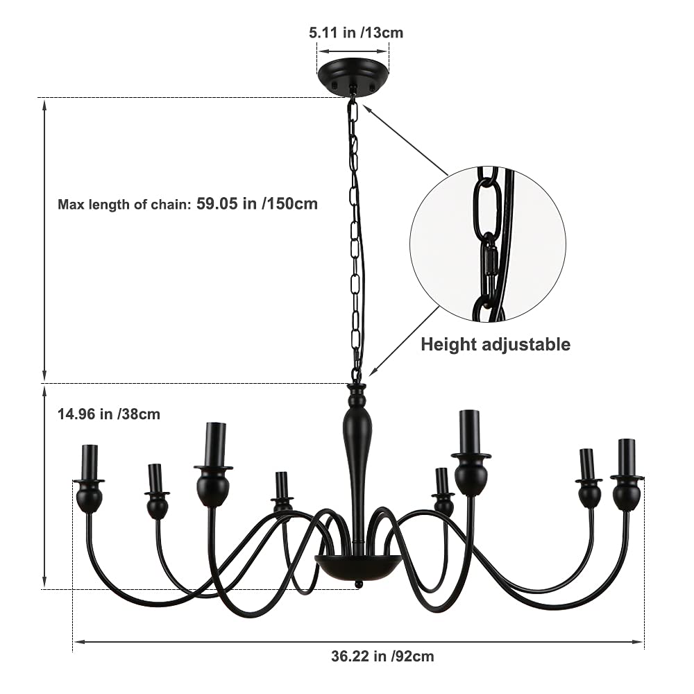 LynPon Lustre en Fer Forgé Noir Classique 8 Lumières Hauteur Réglable Grand Chic Industriel Luminaire pour Salle à Manger Chambre