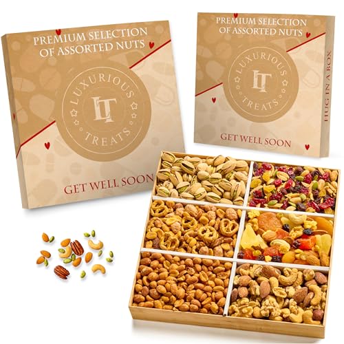 Image of Luxurious Treats Nuts Gift Basket, Get Well Basket Gourmet Collection Healthy Food Box Mixed Cravings Platter Tray Sampler Assortment Mix for Men Women, Feel Better Surgery Sympathy