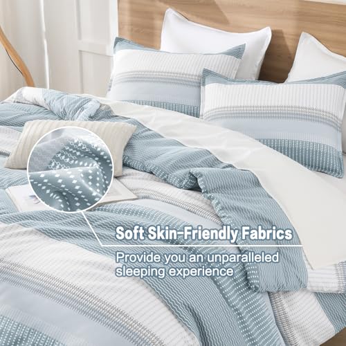 Litanika Light Blue Comforter Full Size Set, 3 Pieces Bedding Set, Blue White Colorblock Stripe (79x90In Comforter & 2 Pillowcases)