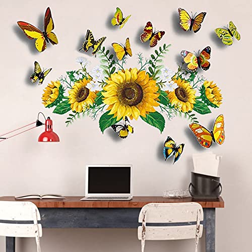 Sunflower Wall Stickers With 3D Butterfly Wall Sticker, Yellow Flowers Wall Decal,Sprt Waterproof And Removable, Sunflower Wall Stickers,Wall Stickers For Bedroom Living Room Bathroom Decor #TOP4