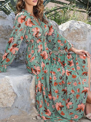 Image of BLENCOT Womens Casual Boho Floral Printed V Neck Long Sleeve Long Maxi Dress Spring Summer Dresses