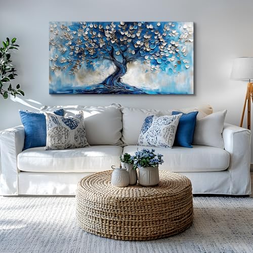crmotu Tree of Life Large Wall Art for Living Room, Blue Tree Canvas Decor Paintings Abstract Art Prints, Neutral Navy Blue Pictures Wall Decor for Bedroom Bathroom Office Modern Home Decor 30"X60"