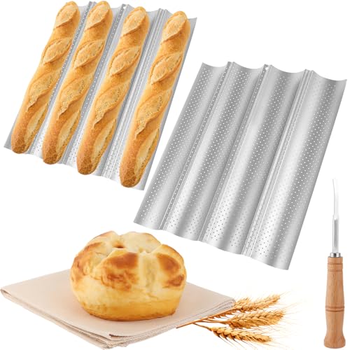SHUESS 2er Baguette Backblech Antihaft mit Teigtuch und Brotmesser – Baguette Backform aus Carbonstahl für 4 Baguettes je Form – Baguetteform Brotbackform Baguetteblech Backzubehör Baguette Blech
