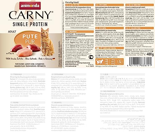animonda Carny Katzen Nassfutter Single Protein Pute Pur (6 x 400g), Katzenfutter nass mit nur einer Proteinquelle von animonda, Futter für ausgewachsene Katzen mit Putenfleisch
