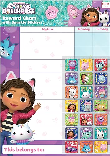 Paper Projects 01.70.30.051 Gabby's Dollhouse Everyday Reward Includes 56 Sparkly Stickers | Colourful Chart is Wipe-Clean, Mulitcoloured, 29.7cm x 42cm