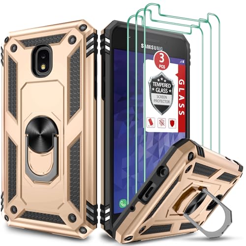 for Galaxy J3 2018 / Galaxy J3 Star/Galaxy Amp Prime 3/Galaxy J3 V 2018/Galaxy J3 Aura Case, with [3X Tempered Glass Screen Protector], Built-in Ring Kickstand Shockproof Dual Layer Case (Gold)