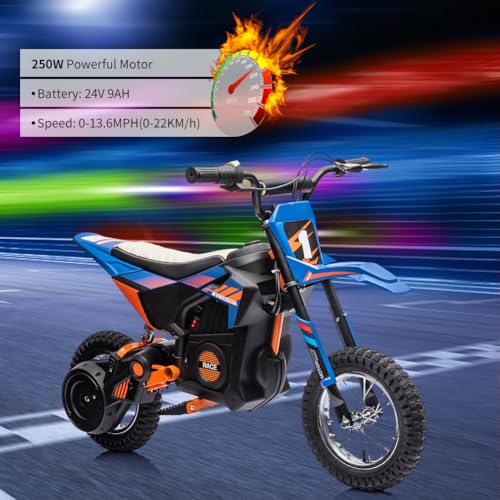Image of Garvee 24V Kids Electric Off-Road Motorcycle, Ride on 250W Motor 13.6MPH | Fast Speed Dirt Bike, Leather Seat, Twist Grip Throttle, Metal Suspension, Air-Filled Tires for Kids Teens Riding Toy, Blue