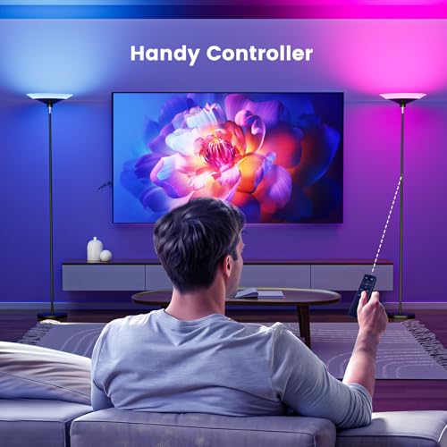 Image of SIBRILLE RGB Torchiere Floor Lamp - 30W Dimmable LED Standing Lamp with Remote, Multi Color Changing, 72in Tall Corner Light, Bright Standing Pole Light for Office Living Room Bedroom Basement, Black