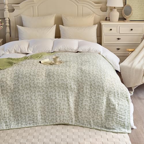 Image of Muslin Throw Blanket 100% Cotton Floral Pattern 6-Layer Gauze Cooling Blanket Lightweight Soft Breathable Quilt for All Season Both Sides for Sofa Couch (Floral Green-a, Throw 50 inchx60 inch)