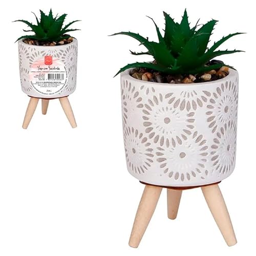 Vaso de Cerâmica com Base e Suculenta Artificial